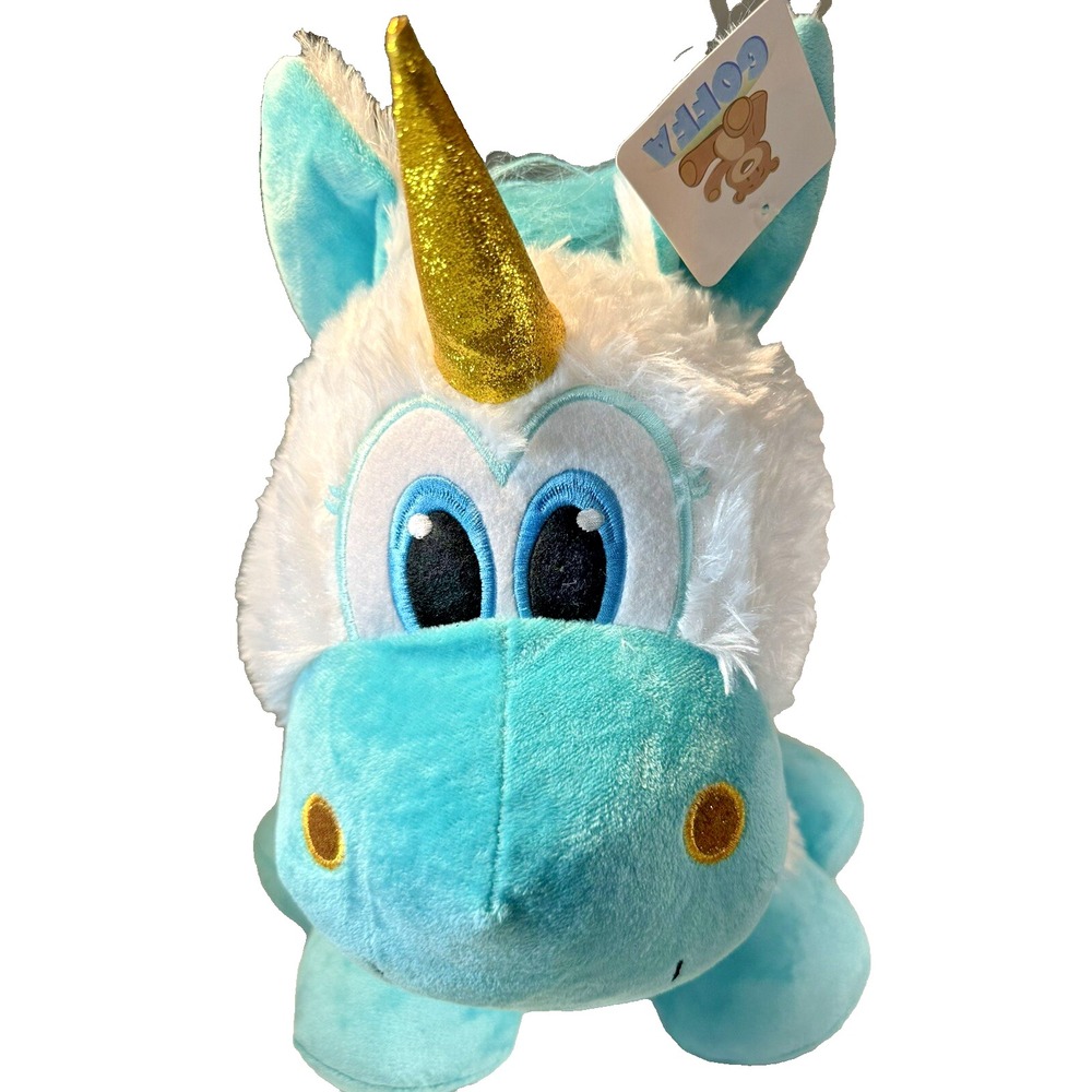 Goffa Unicorn Plush White Blue Stuffed Animal 12" Large Sitting Floppy Blue Eyes